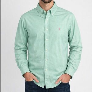 Polo Ralph Lauren Mint Green Button Down Shirt Men’s L 16.5 32/33 Pink Pony Logo